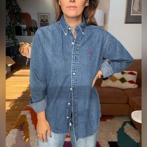 Vintage Like New Ralph Lauren Denim Button-Up Shirt with Red Logo
